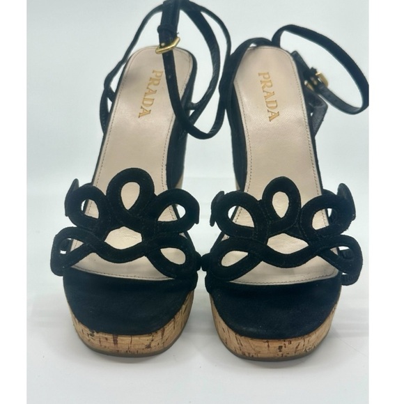Prada Ankle Strap Wedge Platform Espadrille Sandals Cut Flower Detail Suede - Picture 4 of 15